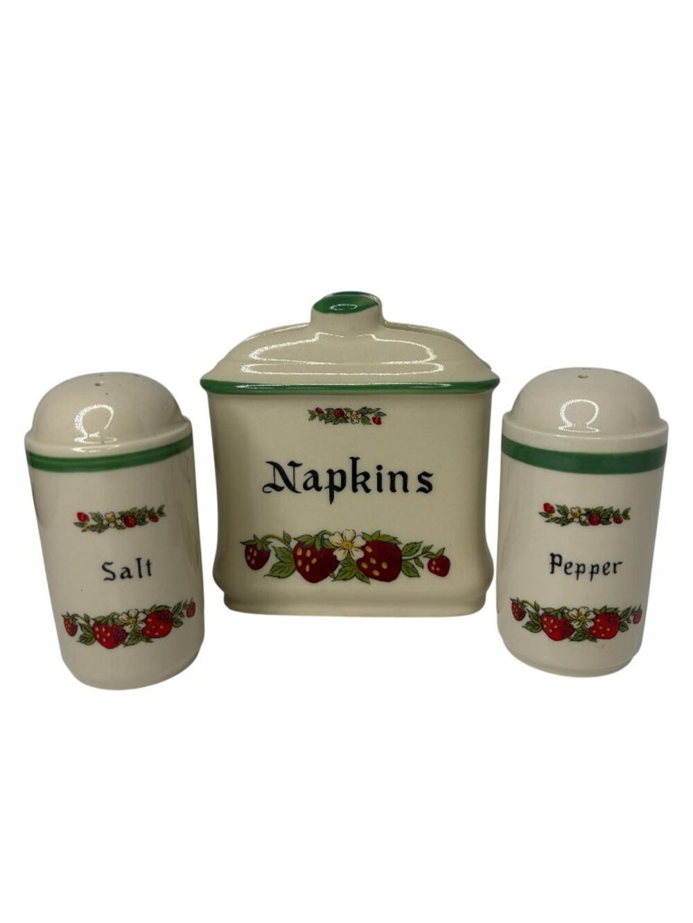 Vintage Strawberry Napkin Holder Salt & Pepper Shakers Set Ceramic 3pc Lot